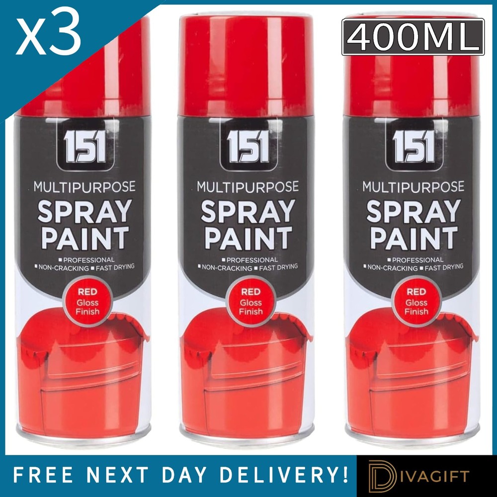 3 x RED GLOSS FINISH 400ML ALL-PURPOSE AEROSOL SPRAY PAINT METAL WOOD PLASTIC