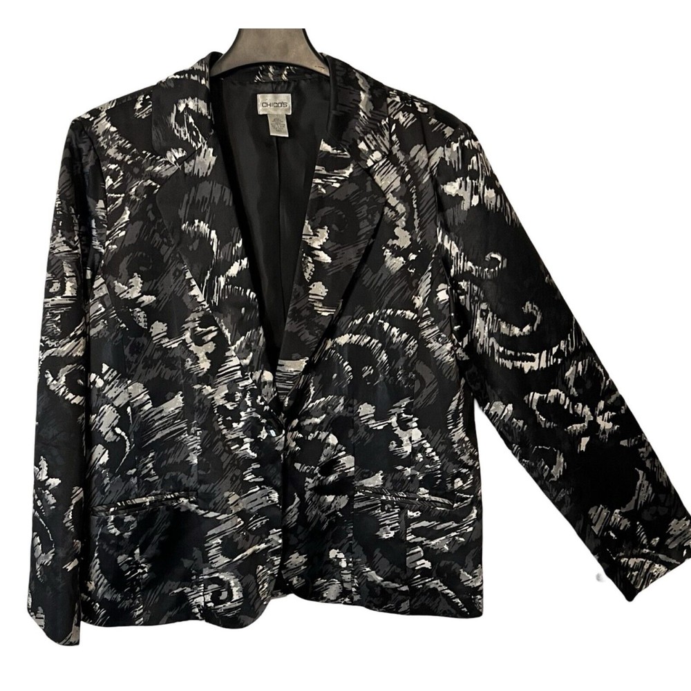 Chicos Blazer Womens Size L Black White Silk Collar Pockets Single Button Lined