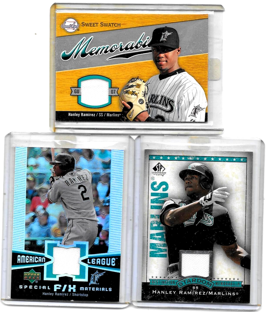 HANLEY RAMIREZ LOT OF 3 DIFFERENT GAME USED  JERSEY CARDS~MARLINS