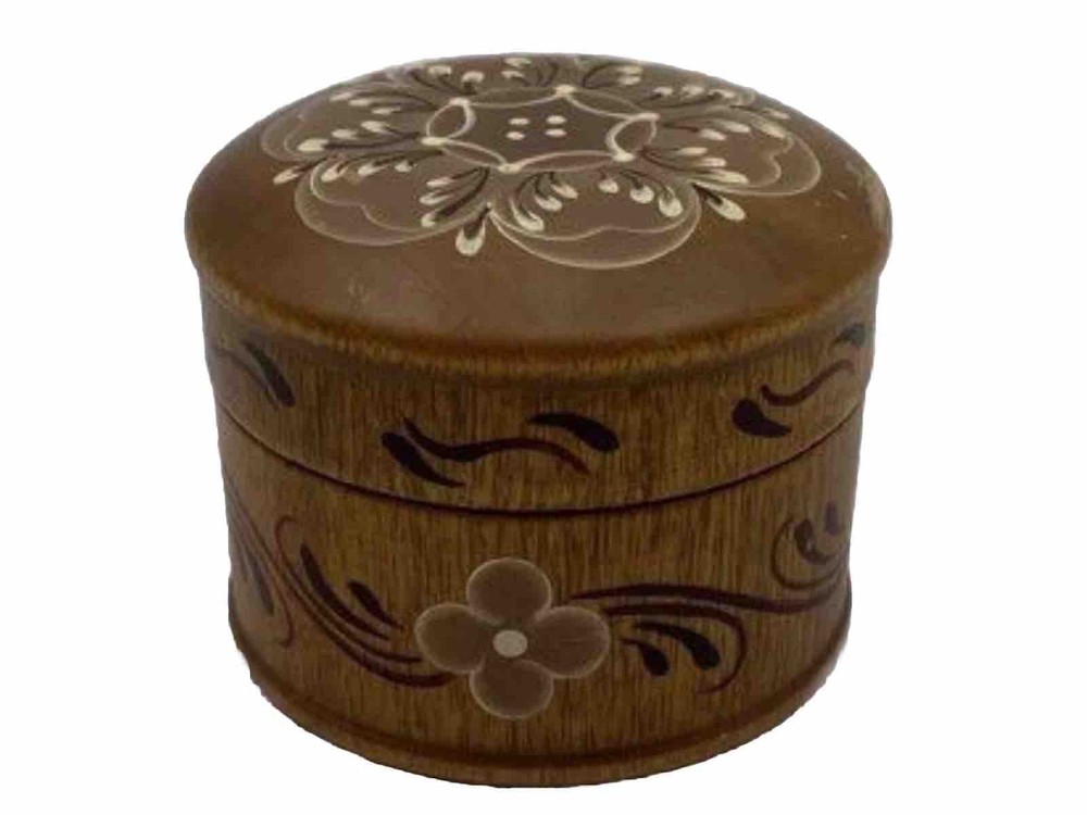 Vtg Brown Floral Hand Painted Round Wooden Jewelry Trinket Box Artist Signed