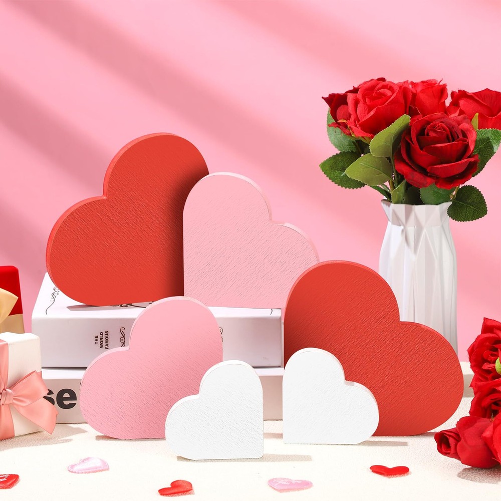 6pc Valentine's Wooden Heart Signs for Table Decor in 3 Sizes