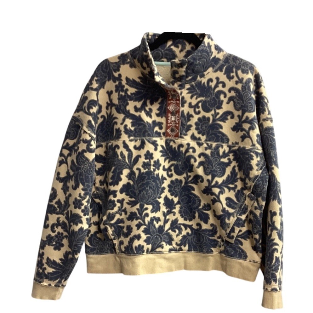 Sundance Pullover Sweatshirt Floral Print Button Up Collar Cozy PM Navy Cream