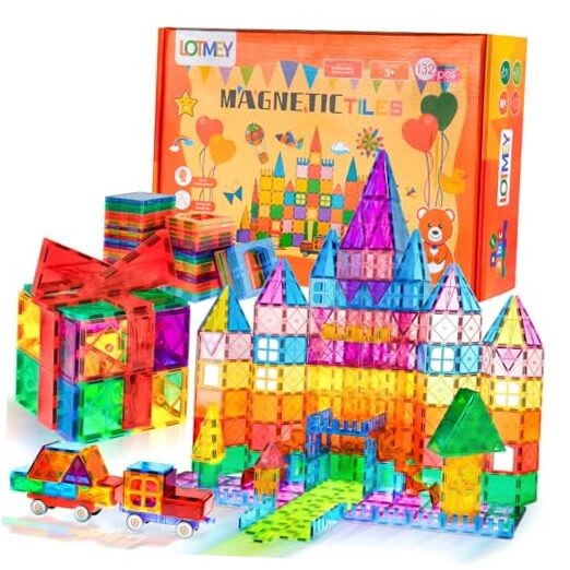 132PCS Magnetic Tiles with 2 Cars Deluxe Set, 3D Magnetic 132PCS + 2CARS