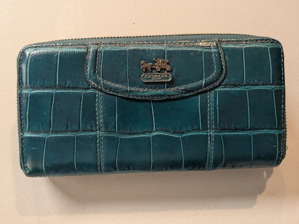 Coach Coral Teal Embossed Leather Zip-Around Wallet with Classic Style