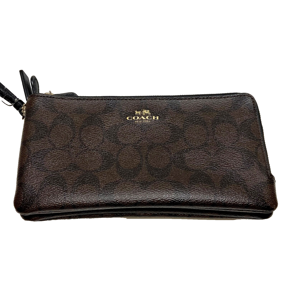 Coach Signature Double Zip Wristlet Wallet in Brown & Black Coated Canvas F54057