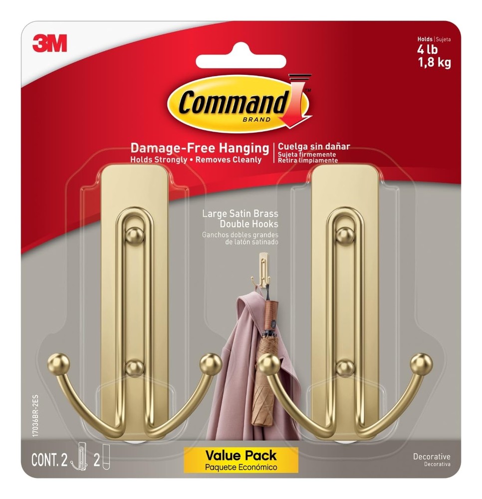 Satin Brass Double Hooks – 2 Coat Hooks with 2 Damage-Free Hanging Strips