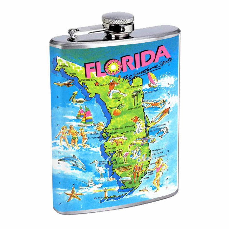 Florida Hot Spots Map Postcard D7 Flask 8oz Stainless Steel Hip Drinking Whiskey