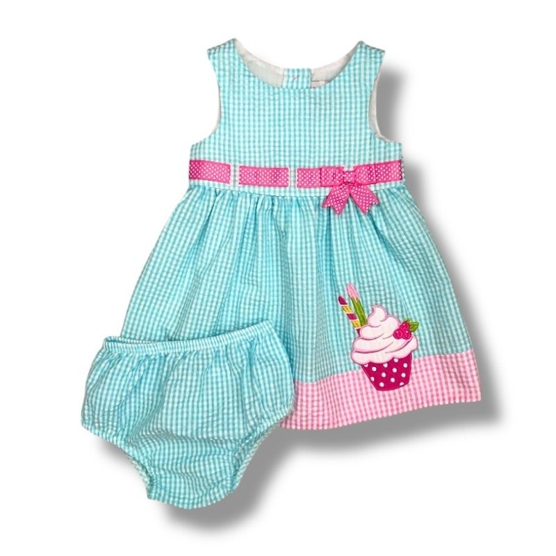 Counting Daisies Baby Dress Set Girls 18M Aqua Gingham Cupcake Summer Bloomers