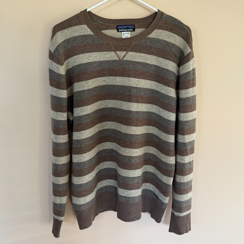 Patagonia Wool Crew Neck Sweater Tan Khaki Stripe Men's Size Medium M