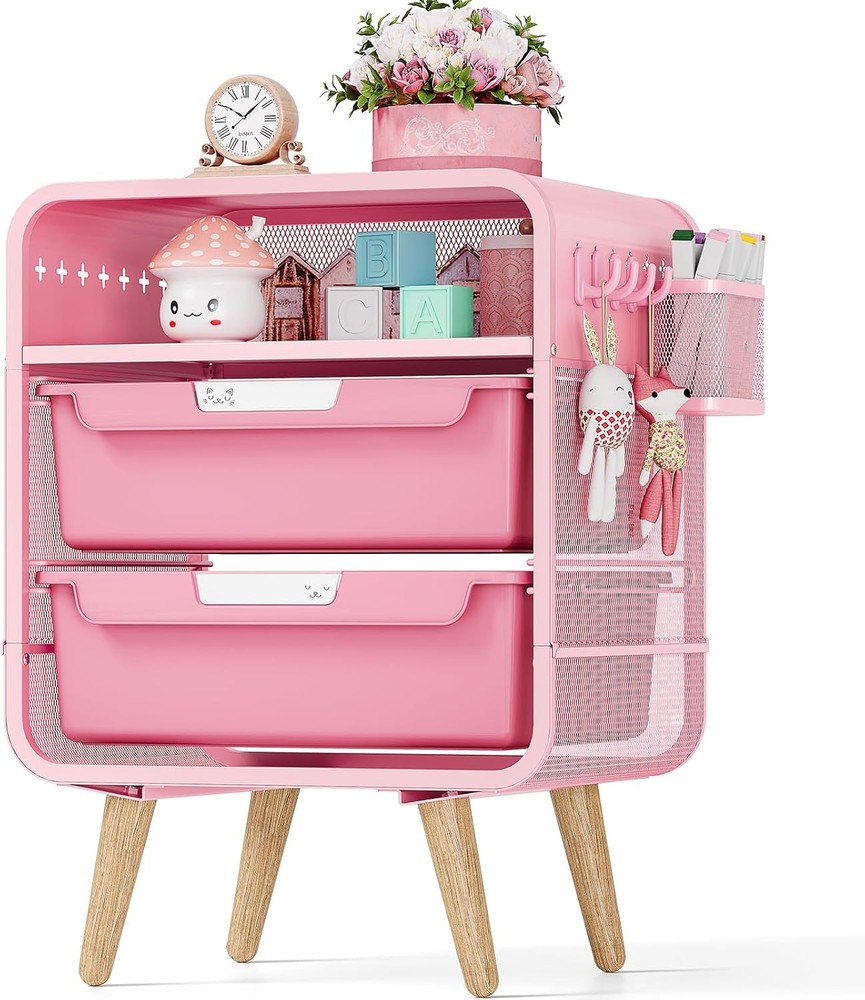 Pink Nightstand,Cute End Table with Storage Drawer,Kids Nightstand for