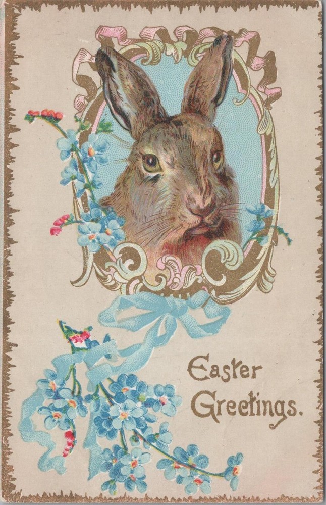 Postcard Easter Greetings Rabbit Blue Flowers