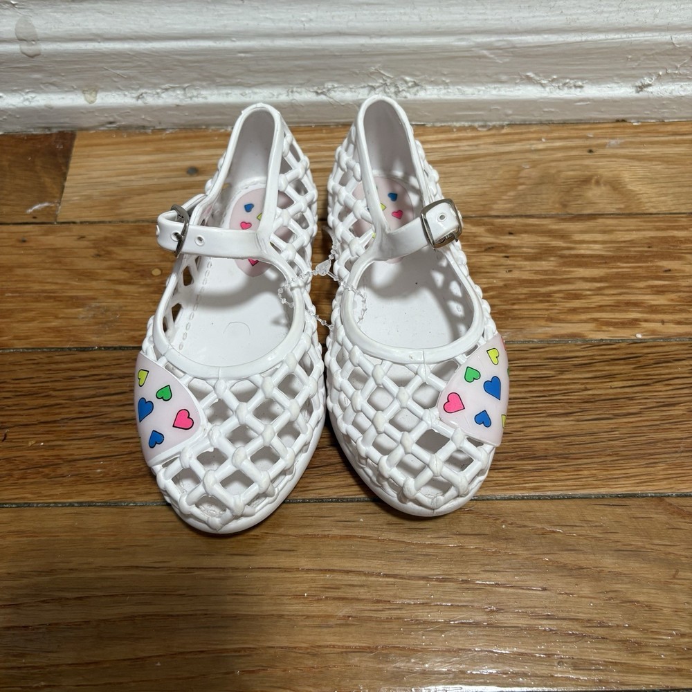 Kids Size 6 White Jelly Shoes With Neon Hearts