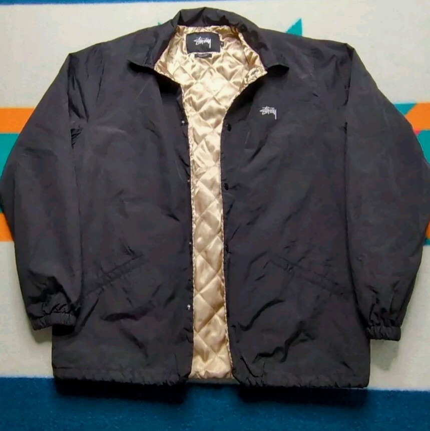 Stussy Embroidered Bomber Jacket Gold Quilt Lined Button Up Double Sided Medium