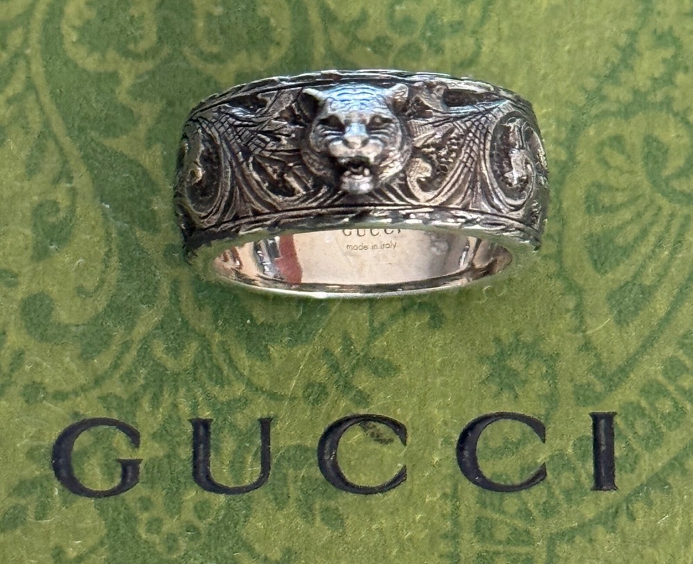 Gucci Arabesque Tiger Head Ring Sterling Silver 925 Size 7 1/2 US Gucci Sz 16
