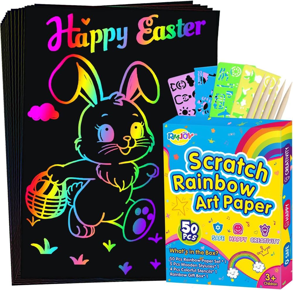 RMJOY Rainbow Scratch off Paper for Kids: Easter Basket Stuffers Crafts Gifts fo