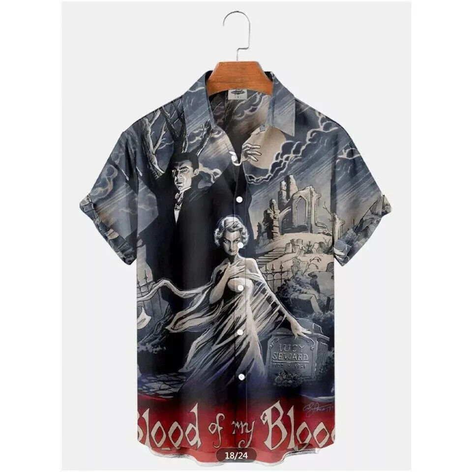 Horror Movie Vampire Dracula Graphic Hawaiian 3D Printed Unisex Button Up Shirt
