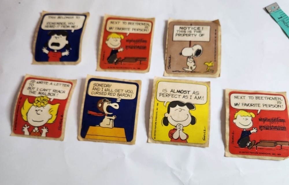 Vintage lot of 7 Peanuts bookplate stickers snoopy lucy sally schroeder