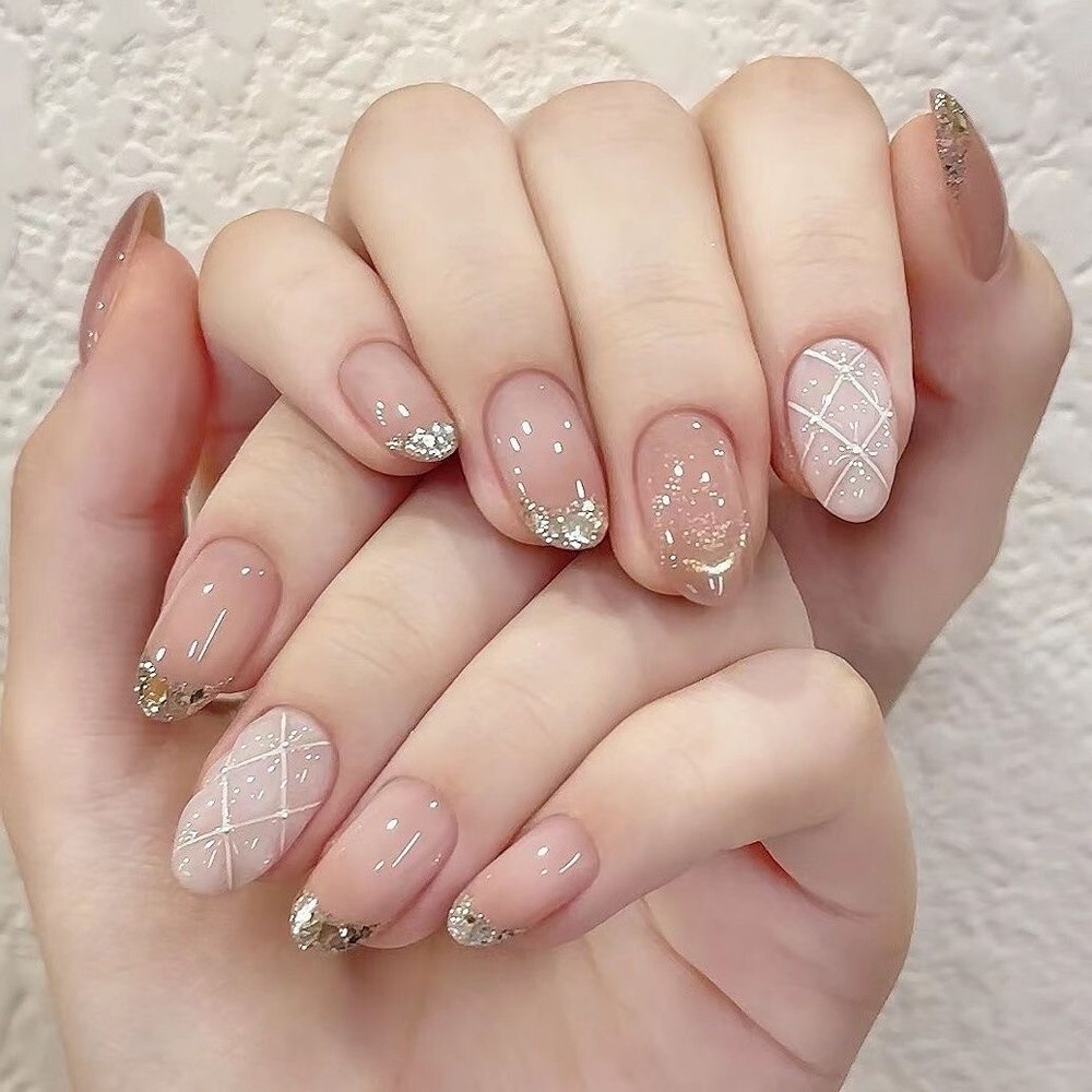 Handmade Rhinestones French Pink False Nail Short Almond Press on Nail Nail Art