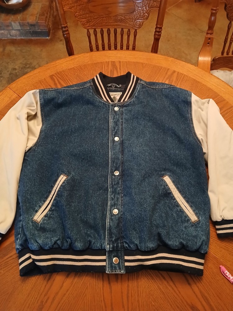 Vintage Northwest Territory Denim Varsity Jacket Men's Large Bomber Button Snap