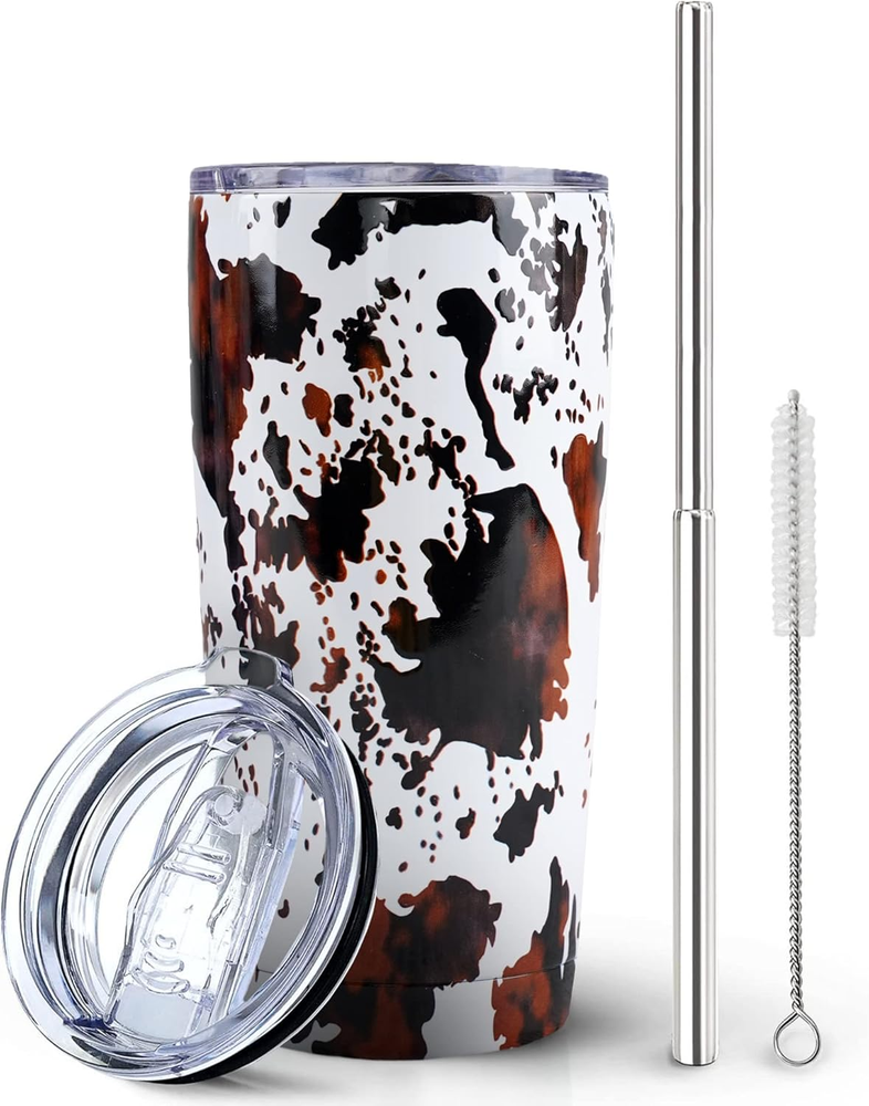 20Oz Insulated Cow Print Tumbler with Lid & Straw - Stainless Steel Travel Mug