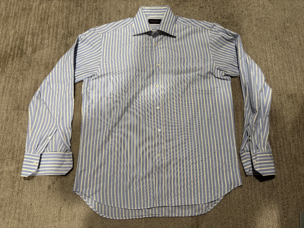 Canali Dress Shirt Mens 39 15 1/2 Made in Italy Blue White Stripes
