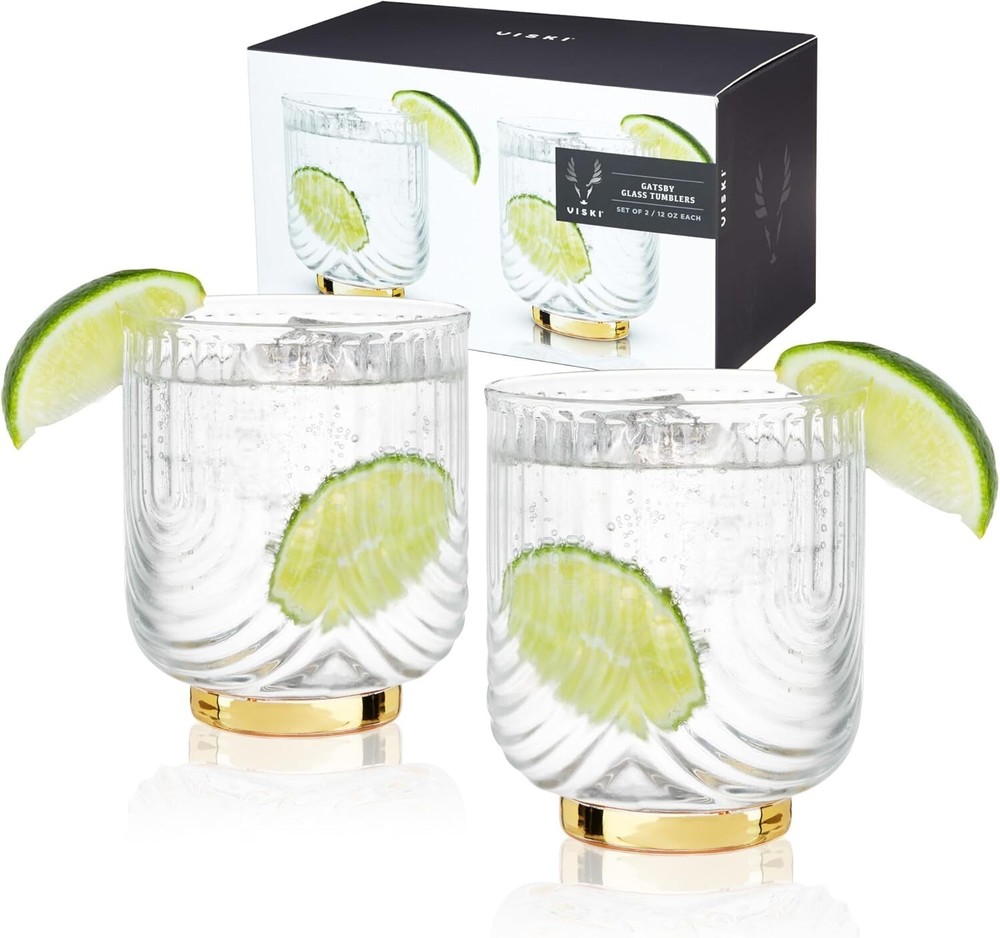 Gatsby Lowball Whiskey Glasses Set of 2 - Vintage Style Tumblers for Bourbon Cocktails