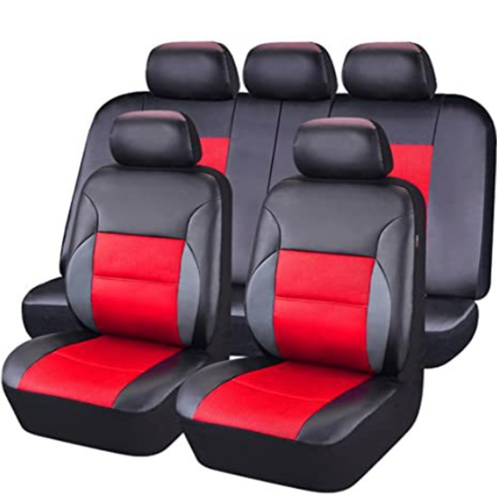 Full Set 5Sits Car Seat Cover PU Leather Cushion Protector Accessories Black/Red