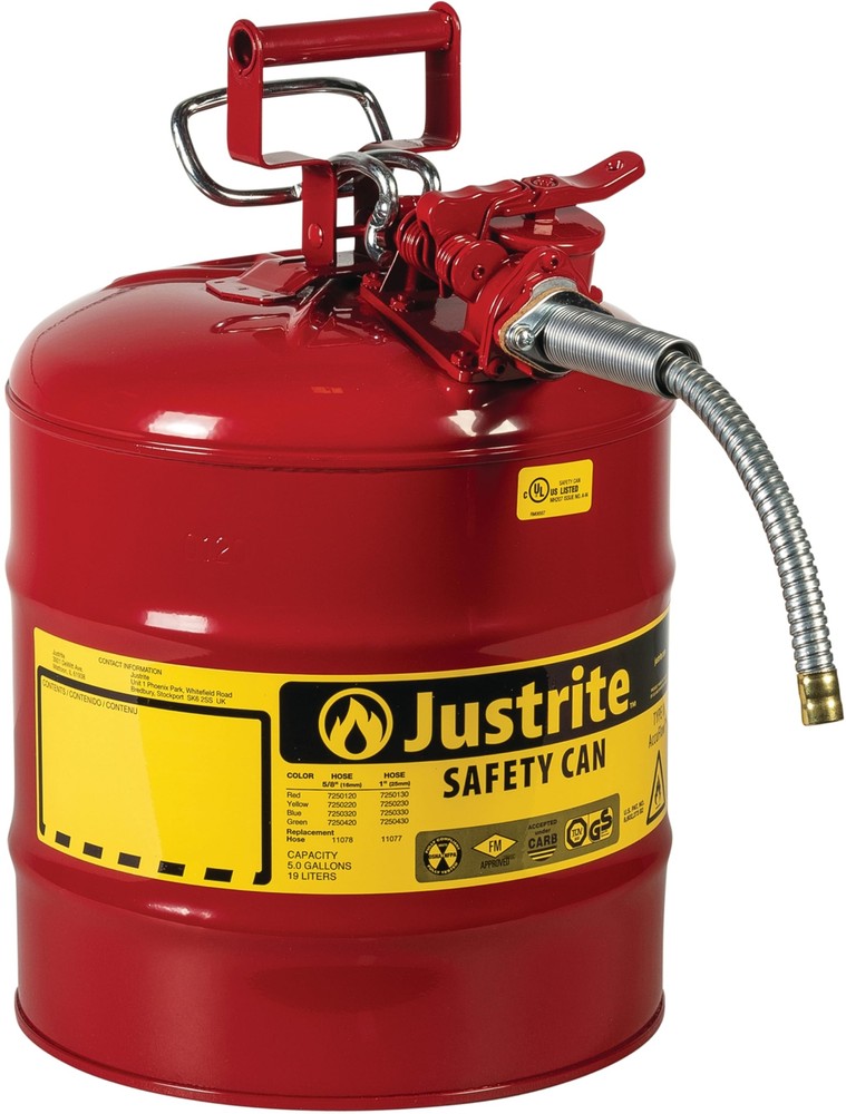 Justrite 5 Gallon Type II Red Safety Gas Can for Gasoline with Flame Arrester...