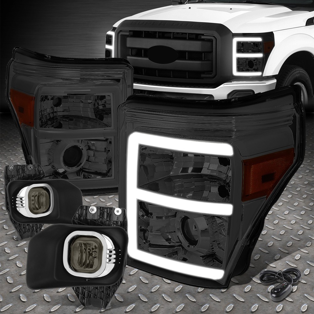Smoked LED DRL Projector Headlights for 2011-2016 Ford F250 F550 Super Duty with Fog Lamps & Switch