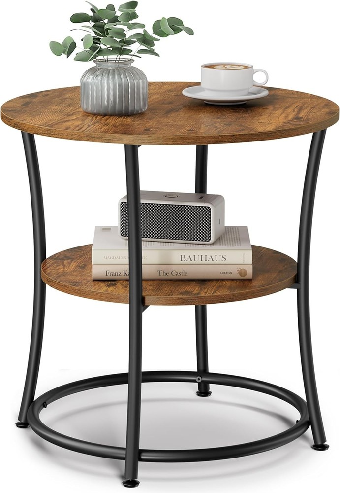 VASAGLE Side Table, Round End Table with 2 Storage Rustic Brown + Ink Black