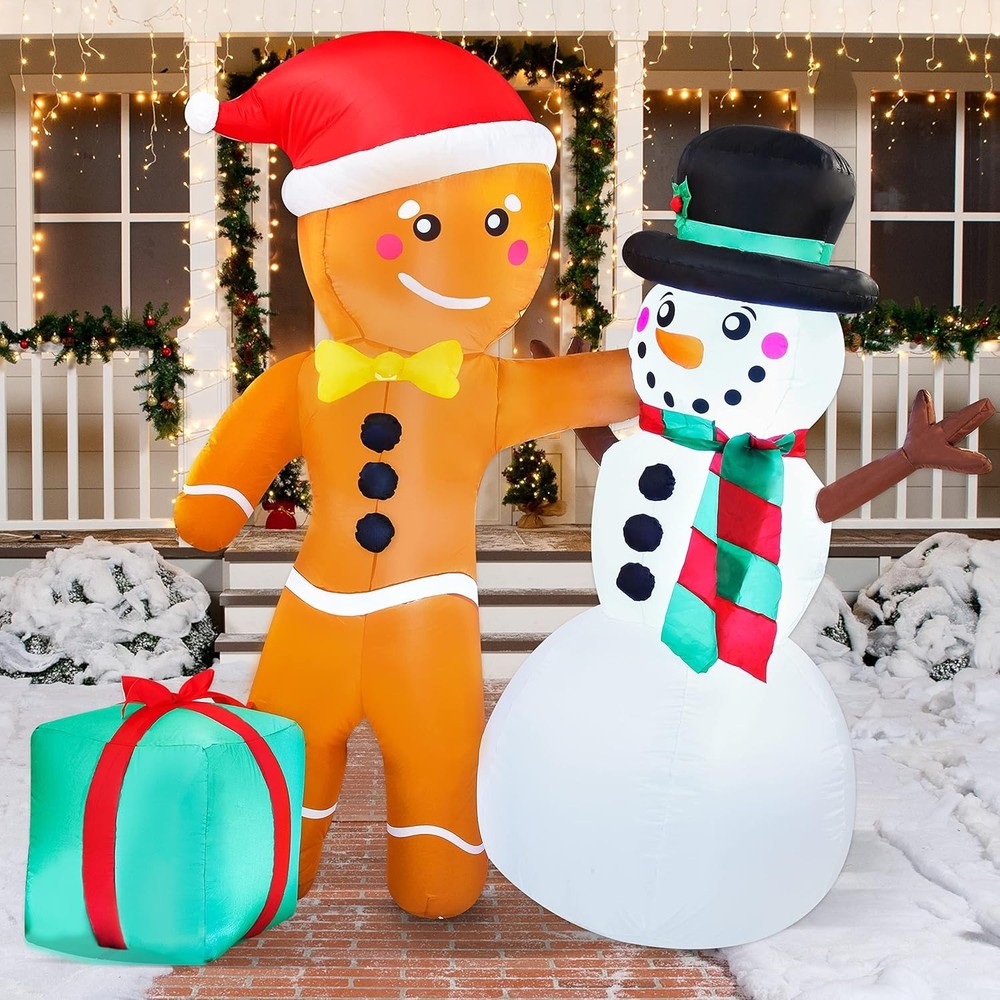 6 FT Tall Christmas Inflatables Gingerbread Man & Snowman with Build-in LEDs