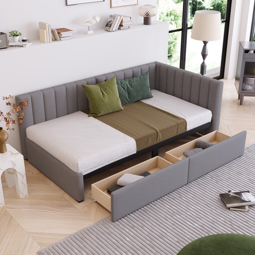 Gray Twin Upholstered Daybed Sofa with 2 Storage Drawers No Box Needed