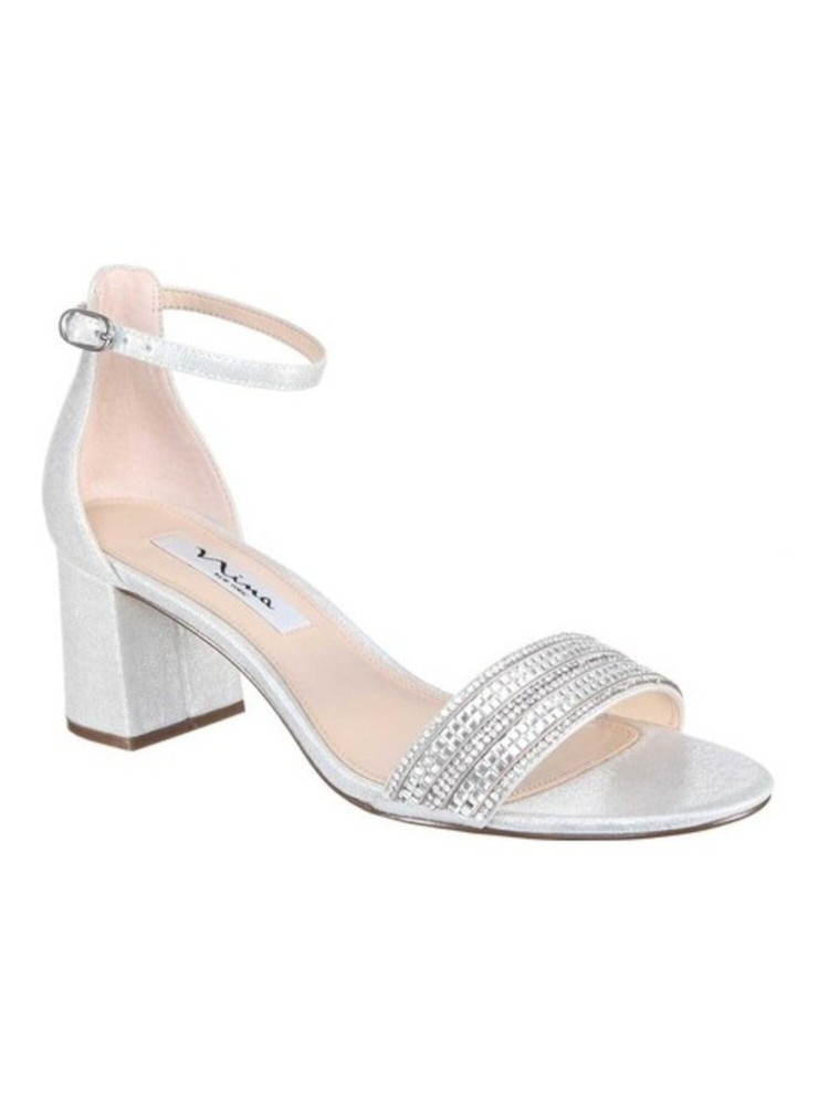 NINA Womens Silver Open Toe Block Heel Buckle Sandals Shoes 7.5 M