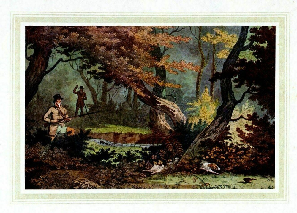 HUNTING WOODCOCK SHOOTING WITH DOG ANTIQUE COLOR PRINT HUNTER OUTDOORSMEN