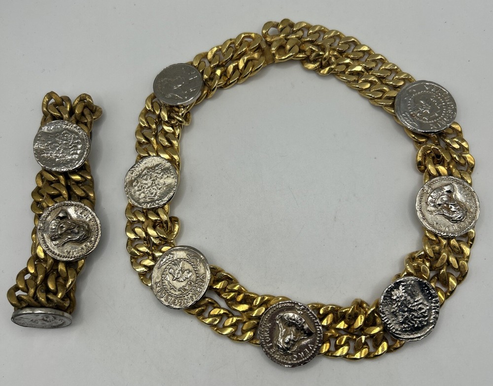 Vintage Heavy Gold-Tone Chain Necklace & Bracelet Set with Roman Coin Medallions