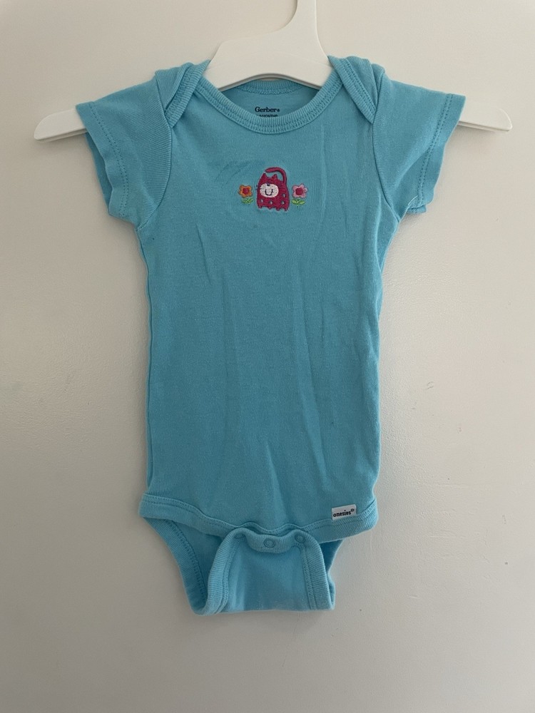 Gerber Baby Girls Cute Embroidered Cat 100% Cotton Short Sleeve Onesie Blue 3-9M