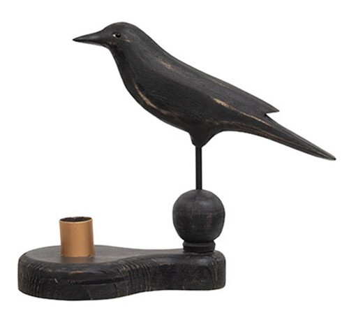 Primitive WOOD CROW on Pedestal w/Taper Candle Holder - 7.5