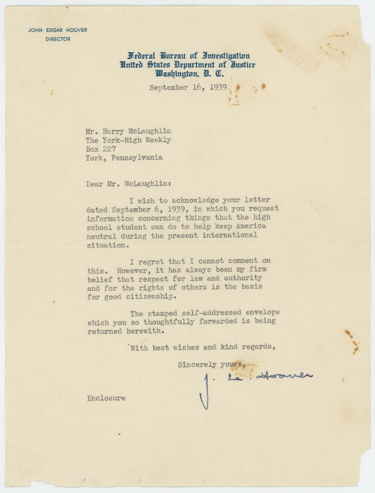 J Edgar Hoover FBI Director Autographed Signed Letter AMCo COA 25318