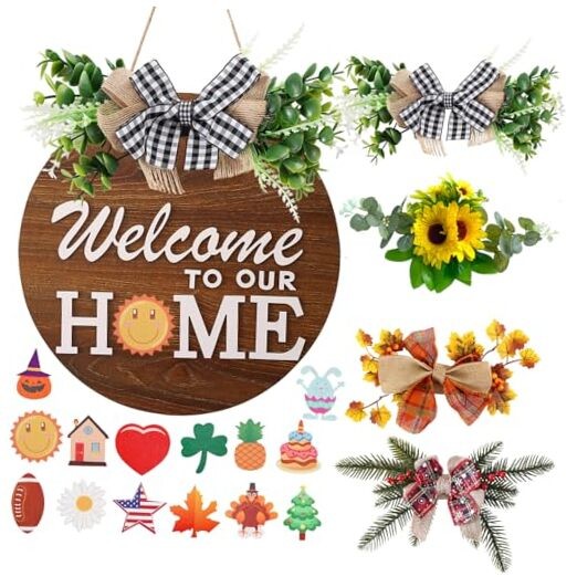 4-Season Interchangeable Welcome Sign for Front Door with 8 Wooden Panels-image