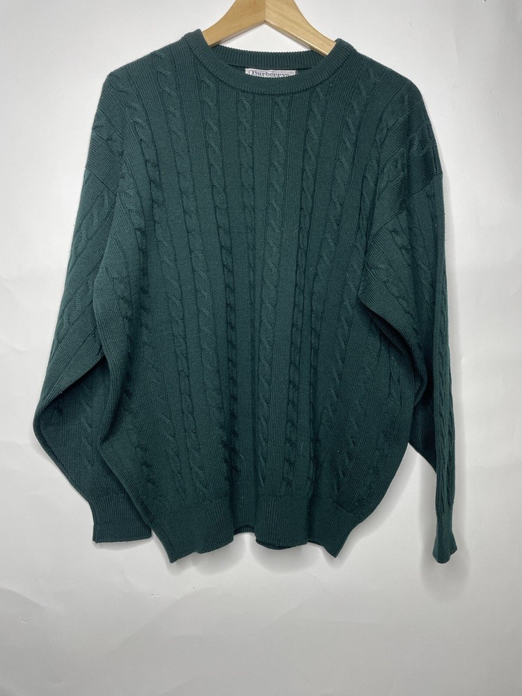 Vintage Burberry Cable Knit Sweater Size Large/44 Green Designer Merino Wool