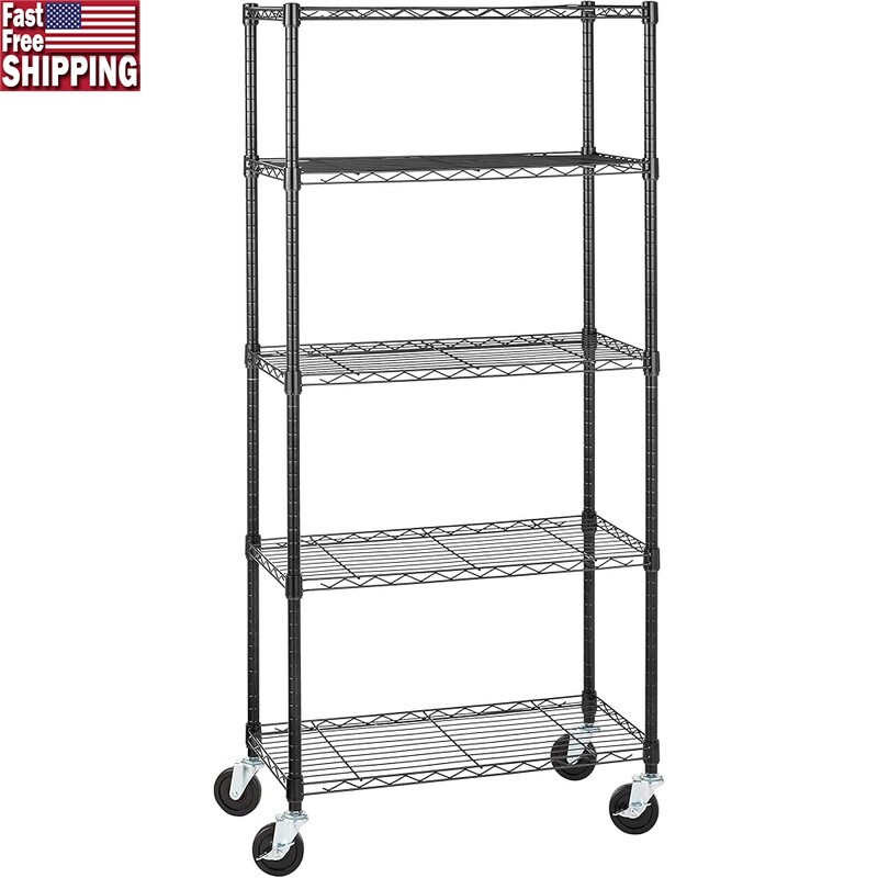 Heavy Duty 5-Tier Metal Wire Storage Rack with Wheels for Organizing