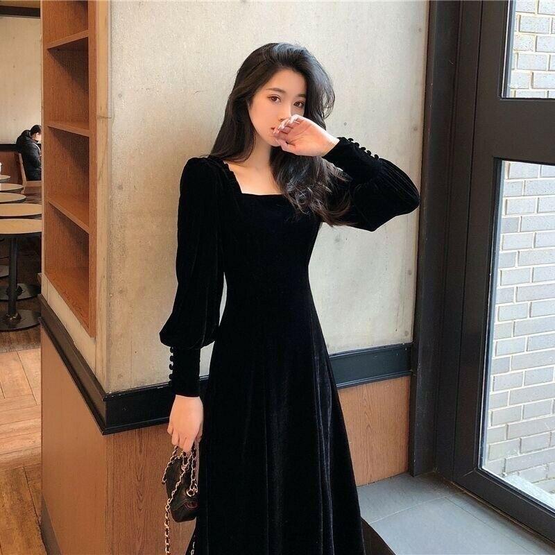 Womens Square Collar Mid-length Long-sleeved Velvet Dress Slim fit Dress