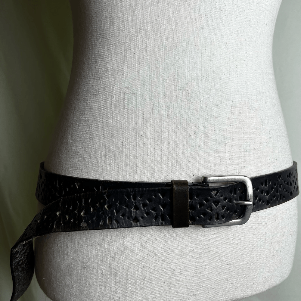 Vintage Laser Cut Leather Belt Faded Black Brown Silver Tone Buckle XL