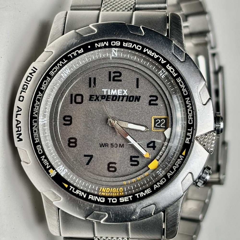 Vintage Timex Expedition Indiglo Alarm Watch Gray Dial Stainless 38mm Read Desc