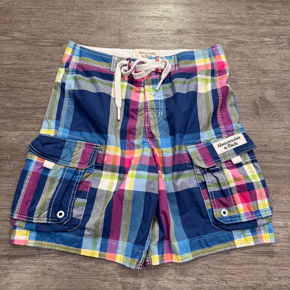 Abercrombie & Fitch Swim Trunks Mens Small Plaid Board Shorts Lined Cargo Madres