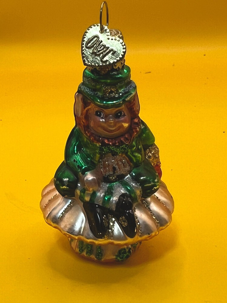 Vintage Old World Christmas Leprechaun on Toadstool Blown Glass Ornament