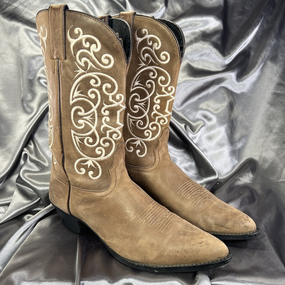 Tony Lama Womens Embroidered Western Cowgirl Boots Size 10 Tan Cream Mid Calf Gift