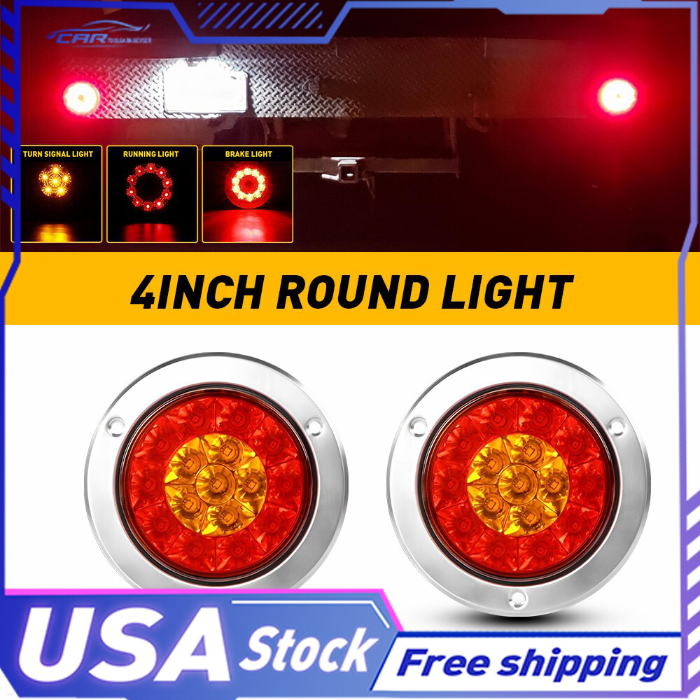 2 Pack 4 Inch Chrome Round Red Amber 16LED Trailer Tail Lights for Brake Turn Signals
