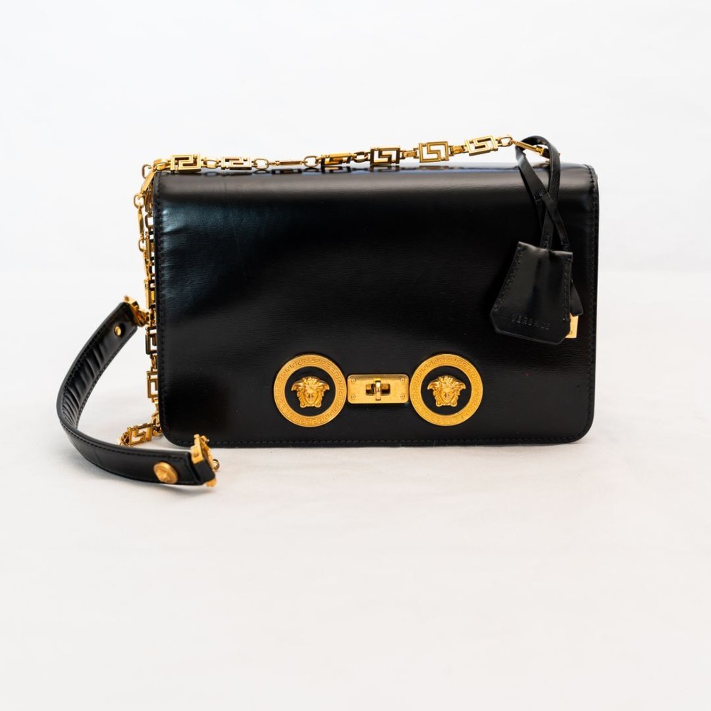 Versace Medallion Tribute Shoulder Bag in Black Leather