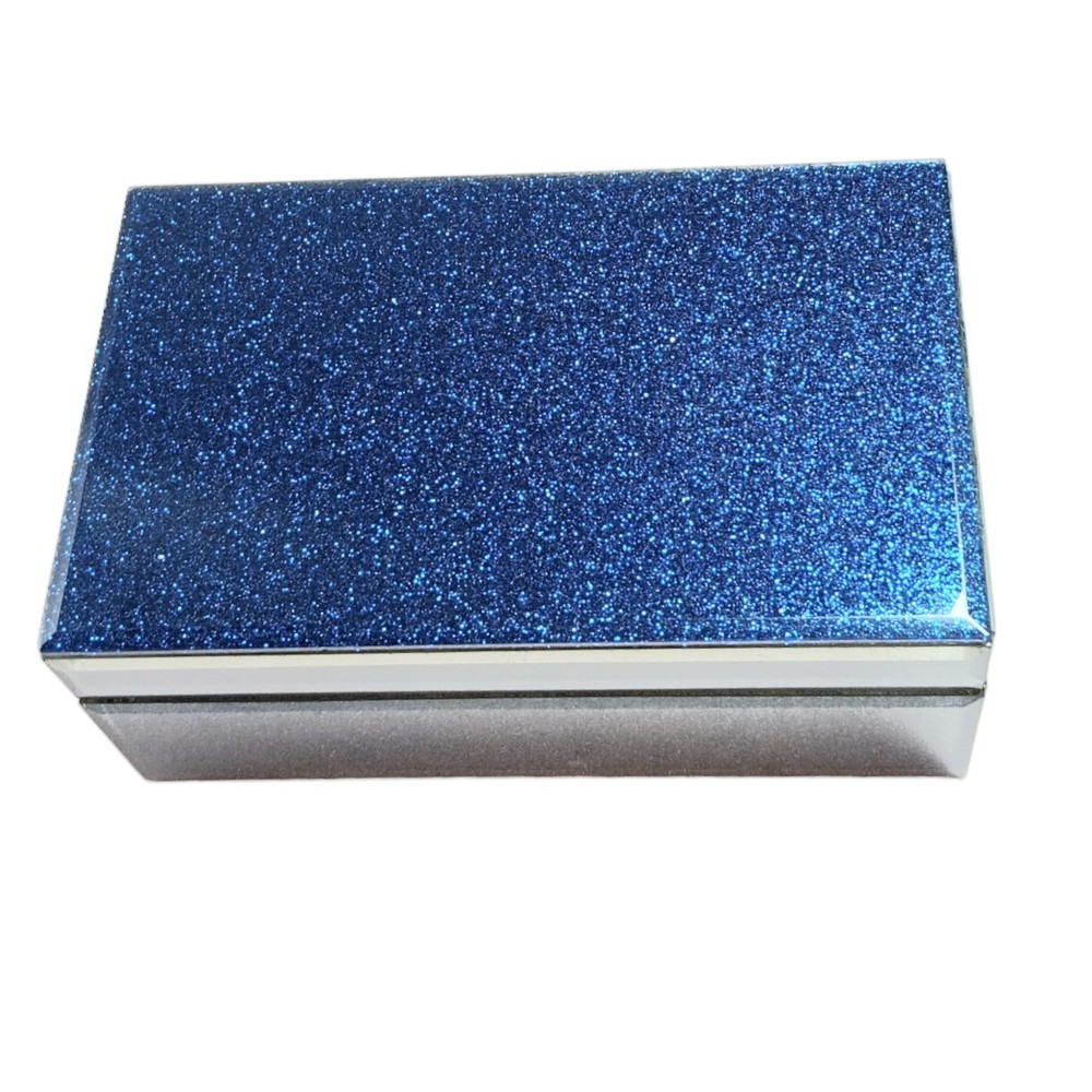 Blue Glitter Jewelry Keepsake Box with Hinged Lid - Sparkling Shimmer Rectangle Storage